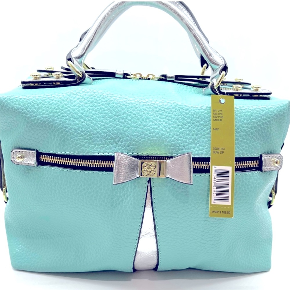 NWT Gianni Bini Tiffany Blue Bow Zip Leather Satchel Pebble Grain